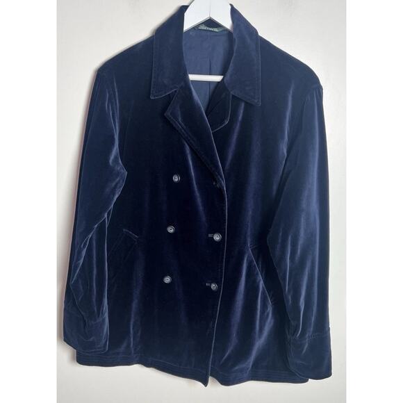 Vintage Laura Ashley 80s Blazer Navy Blue Velvet Pea Coat Double Breasted - Picture 1 of 9
